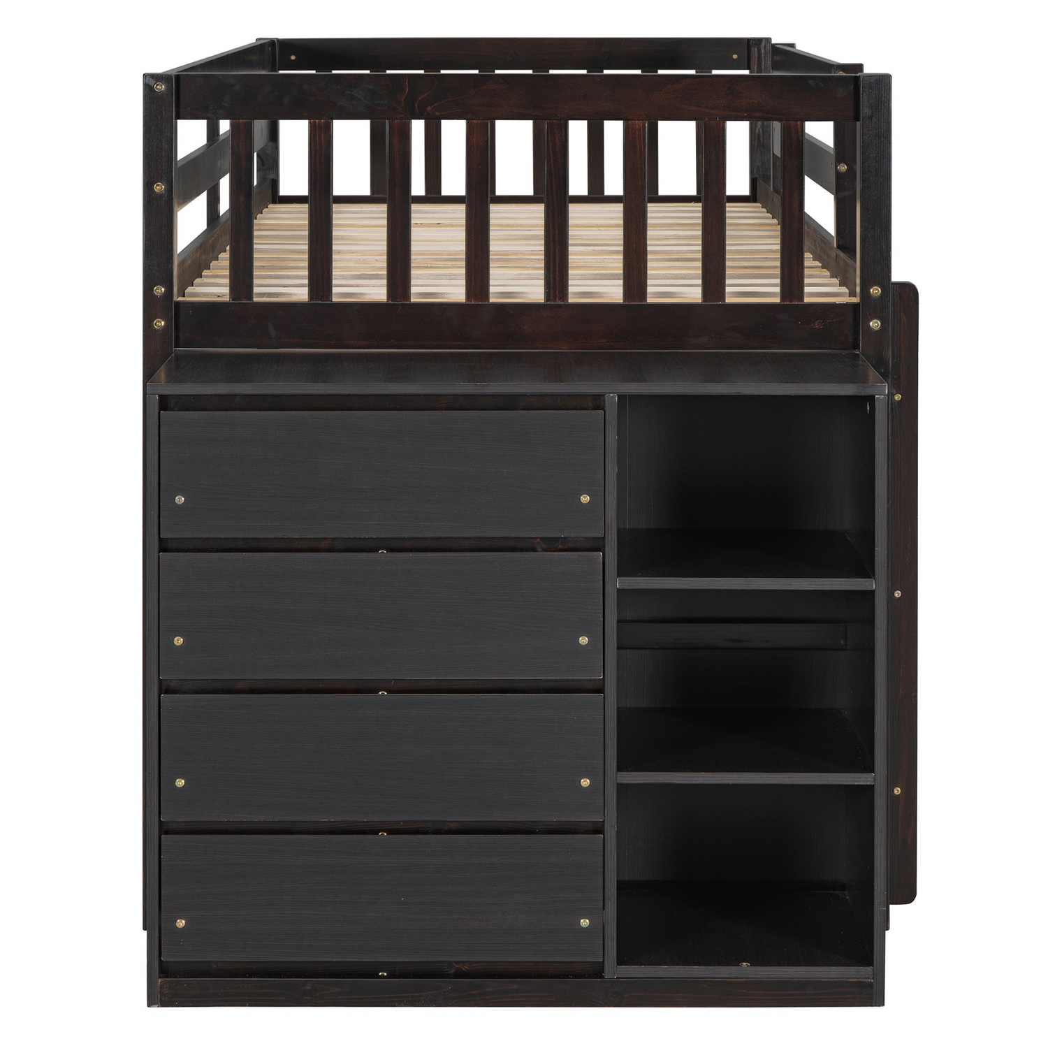 Solid wood twin over twin bunk bed with four drawers and three shelves, by Start2Finish, showcasing the sturdy furniture design.