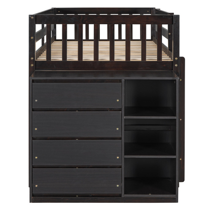 Solid wood twin over twin bunk bed with four drawers and three shelves, by Start2Finish, showcasing the sturdy furniture design.