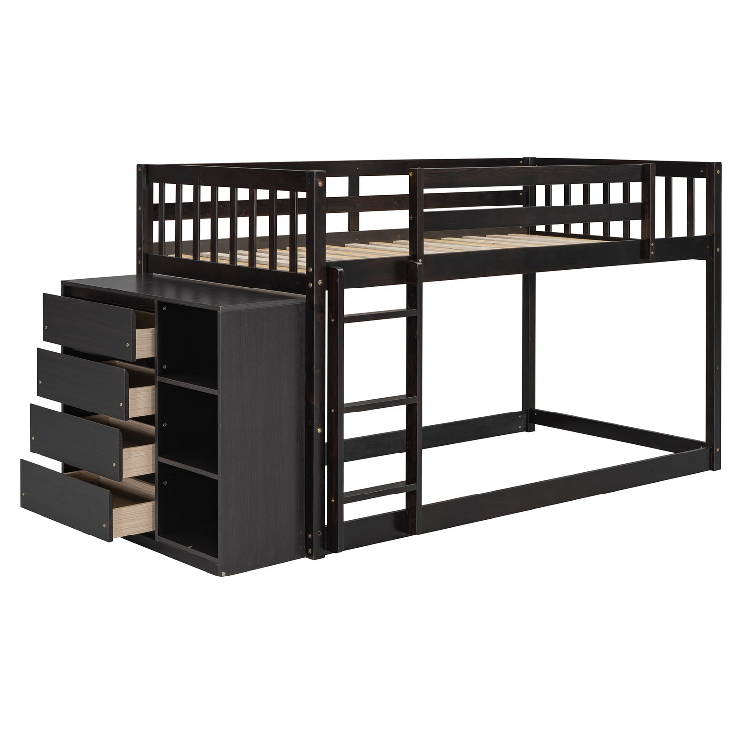 Start2Finish twin over twin bunk bed with solid wood frame, featuring four drawers and three shelves for compact bedroom storage.