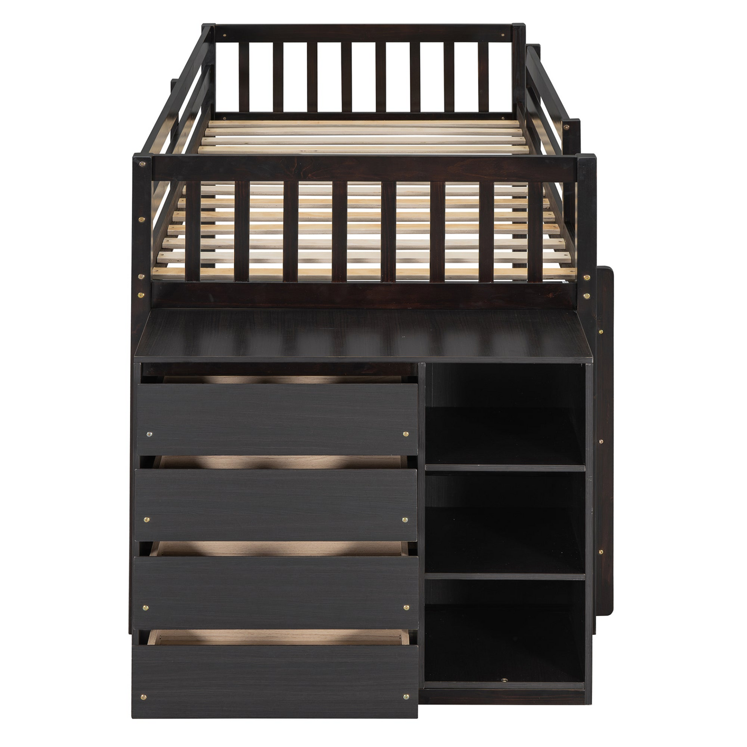 Start2Finish twin over twin bunk bed with four drawers and three shelves, featuring a sturdy solid wood frame.