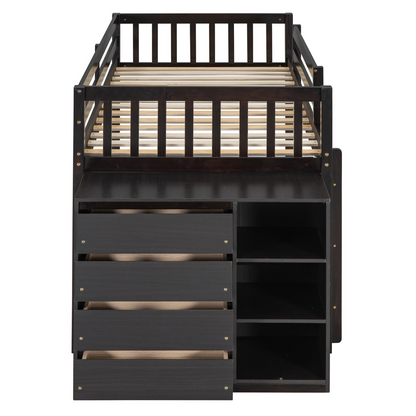 Start2Finish twin over twin bunk bed with four drawers and three shelves, featuring a sturdy solid wood frame.