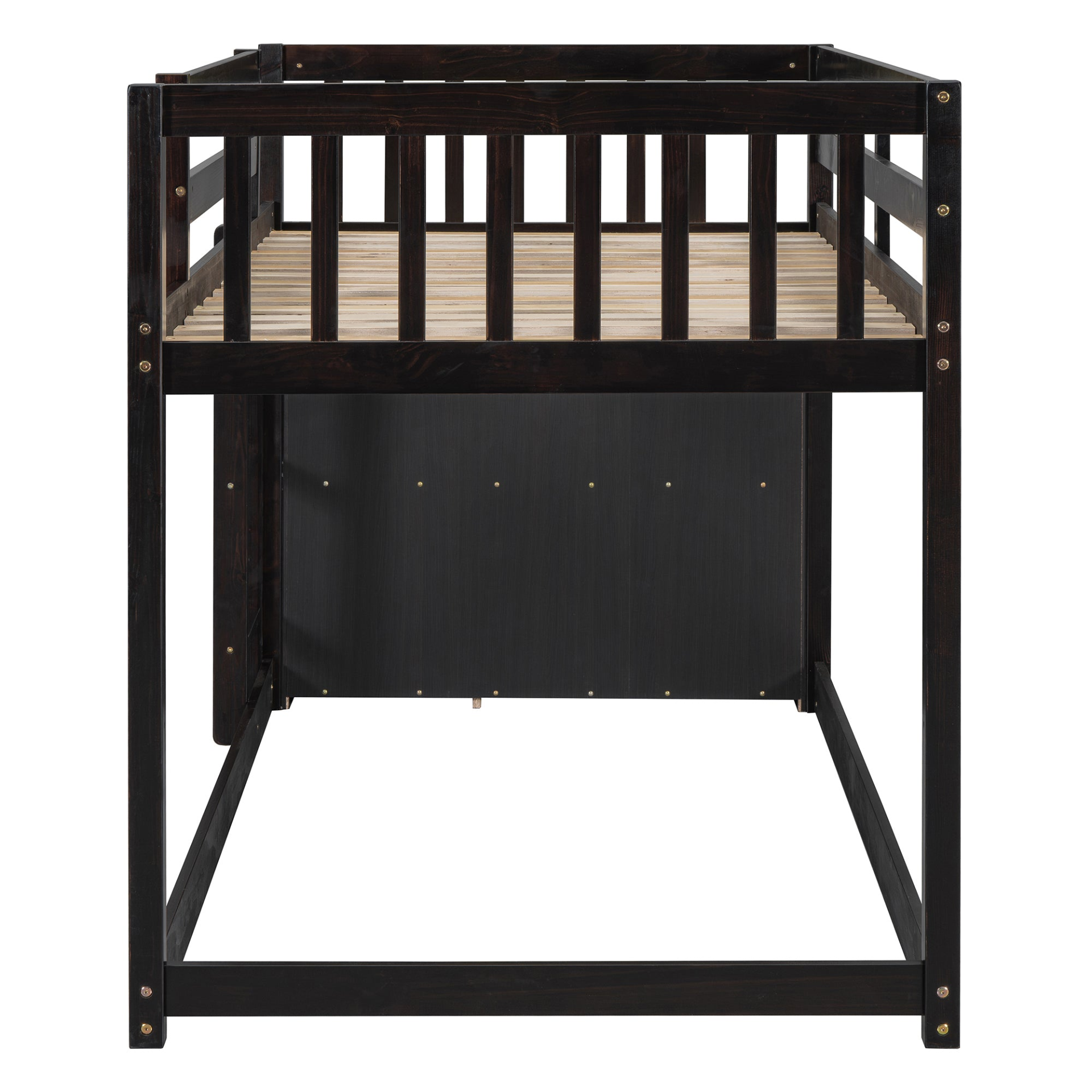 Start2Finish twin over twin bunk bed with solid wood frame, four drawers, and three shelves for versatile bedroom storage.