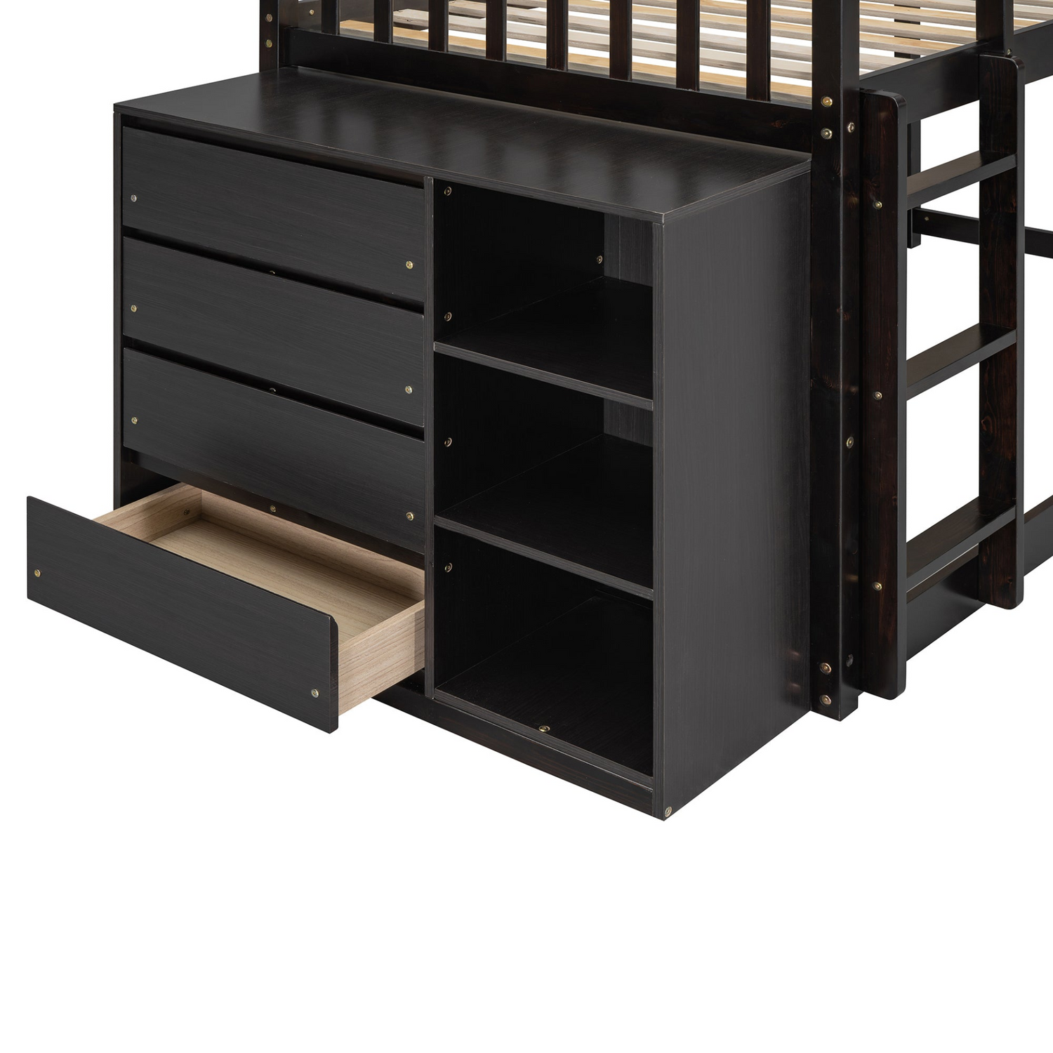 Solid wood twin over twin bunk bed with four drawers and three shelves, from Start2Finish, showcasing the bed frame and storage features.