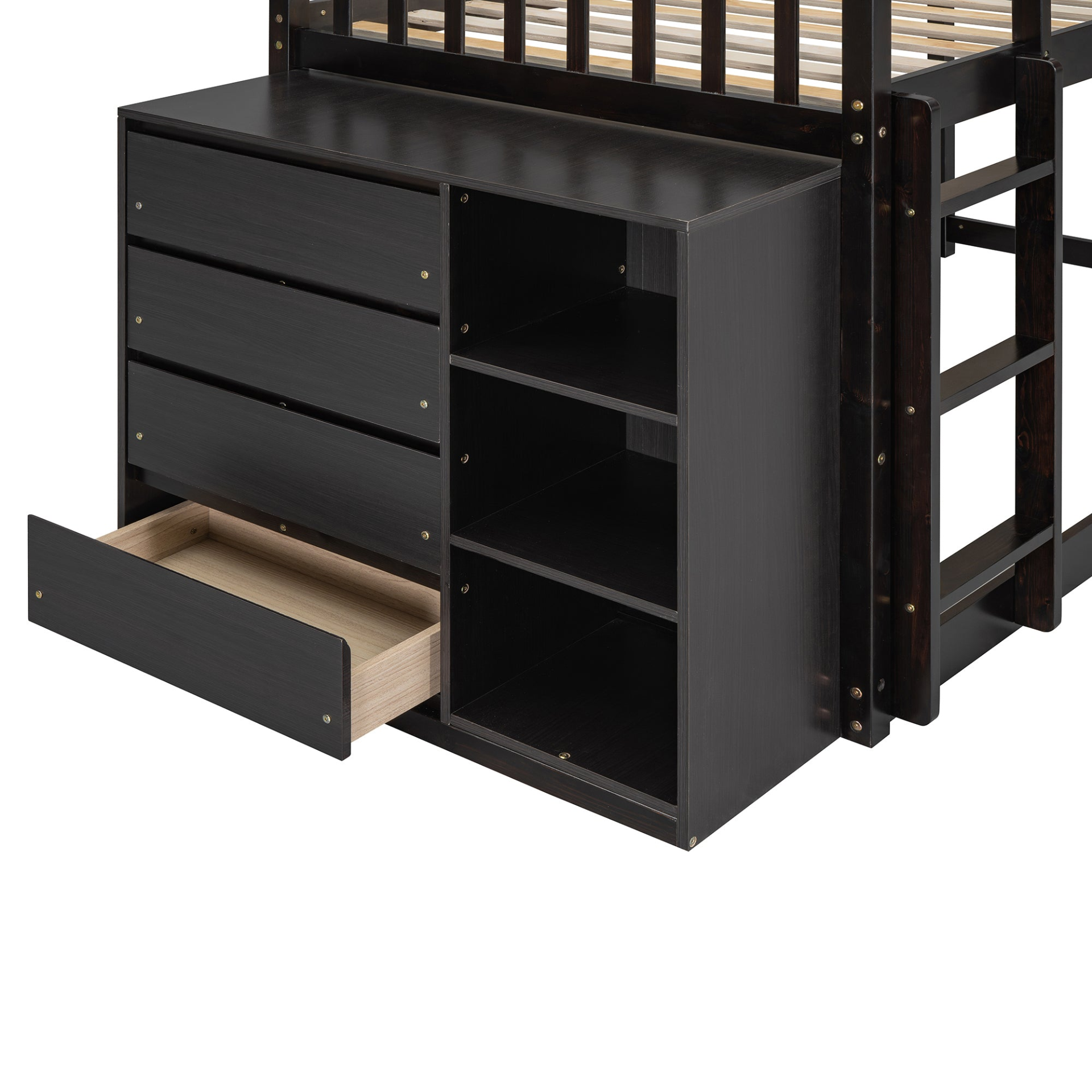 Solid wood twin over twin bunk bed with four drawers and three shelves, from Start2Finish, showcasing the bed frame and storage features.