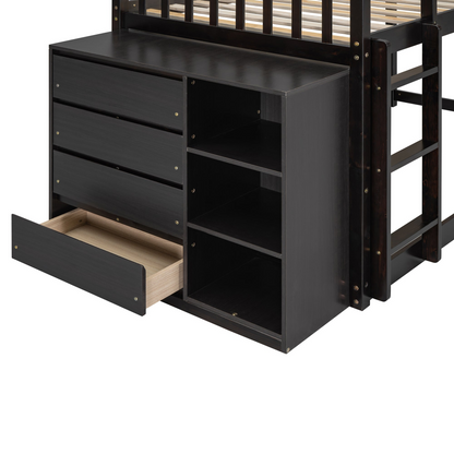 Solid wood twin over twin bunk bed with four drawers and three shelves, from Start2Finish, showcasing the bed frame and storage features.