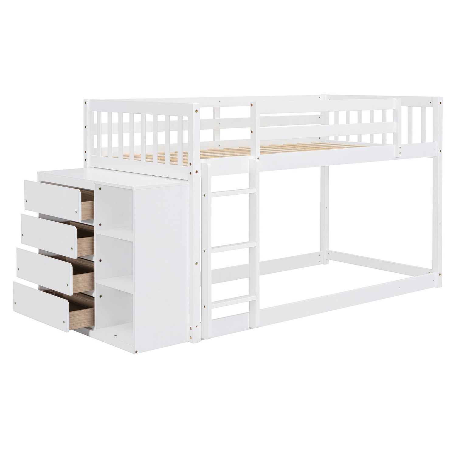 Solid wood twin over twin bunk bed from Start2Finish with built-in 4 drawers and 3 shelves, showcasing a sturdy frame and functional design.