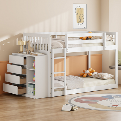 Solid wood twin over twin bunk bed by Start2Finish with 4 drawers and 3 shelves for efficient bedroom storage.