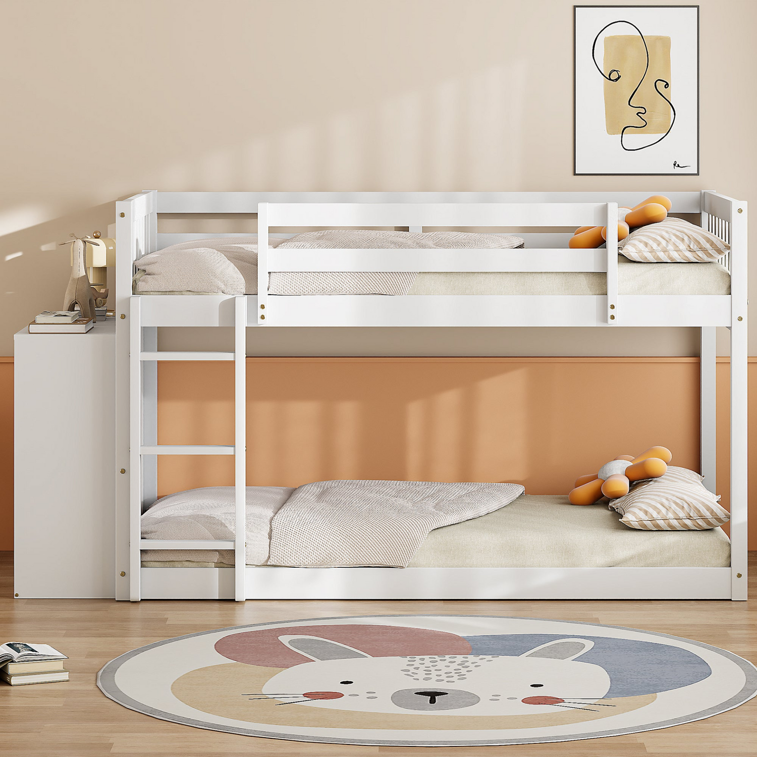 Start2Finish twin over twin bunk bed with solid wood frame, featuring 4 drawers and 3 shelves for versatile bedroom storage.