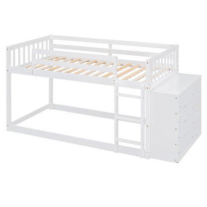 Solid wood twin over twin bunk bed by Start2Finish with four drawers and three shelves, showcasing sturdy construction and ample storage space.