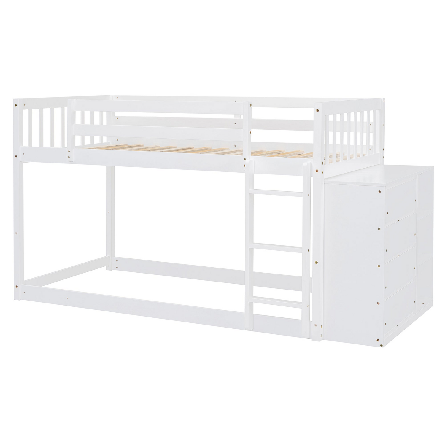 Start2Finish twin over twin bunk bed with solid wood frame, featuring four drawers and three shelves for versatile storage.