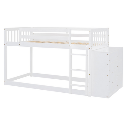 Start2Finish twin over twin bunk bed with solid wood frame, featuring four drawers and three shelves for versatile storage.