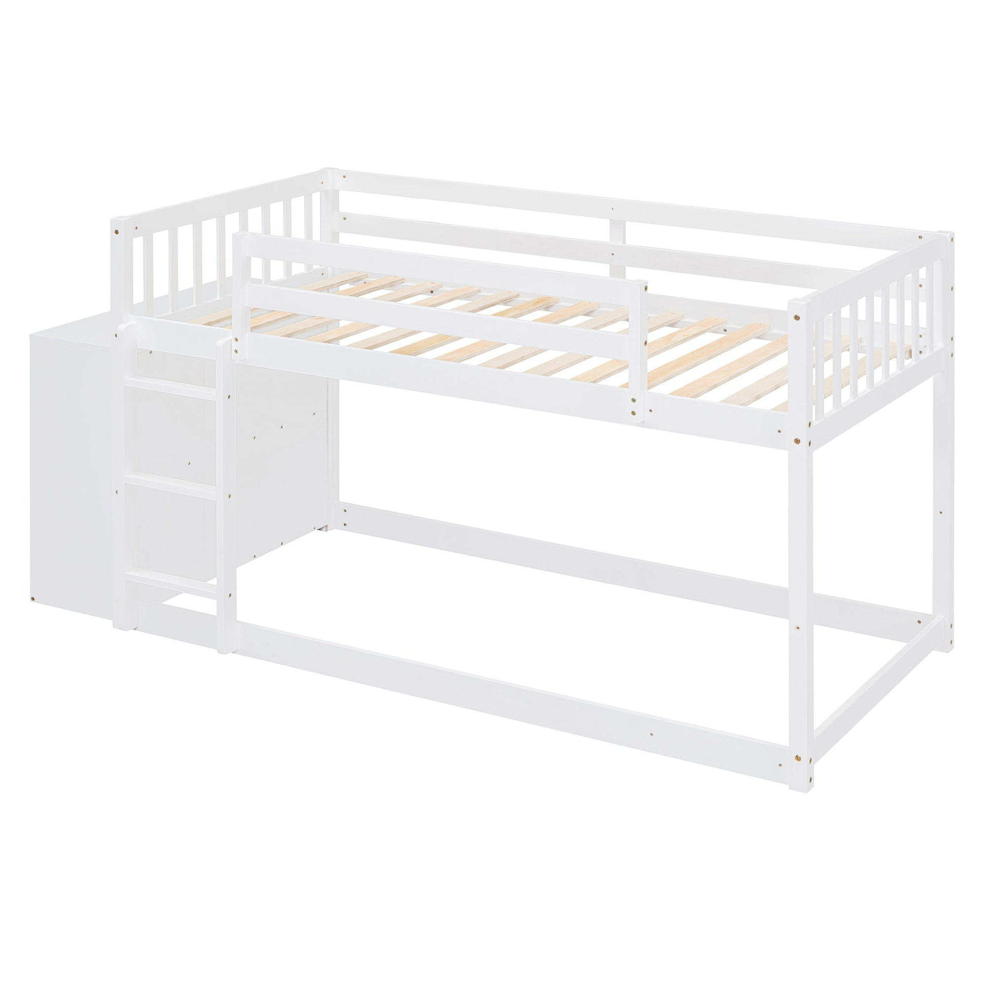 Start2Finish twin over twin bunk bed with solid wood frame, featuring four storage drawers and three shelves for added convenience.