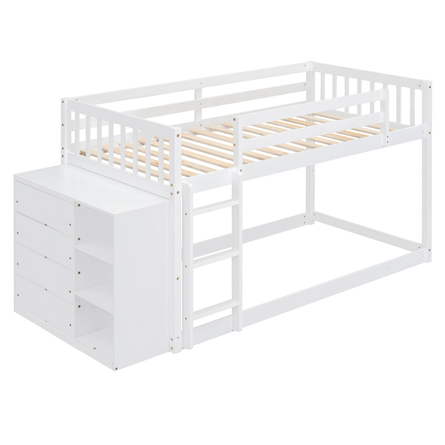 Start2Finish twin over twin bunk bed with solid wood frame, featuring 4 drawers and 3 shelves for versatile bedroom storage.