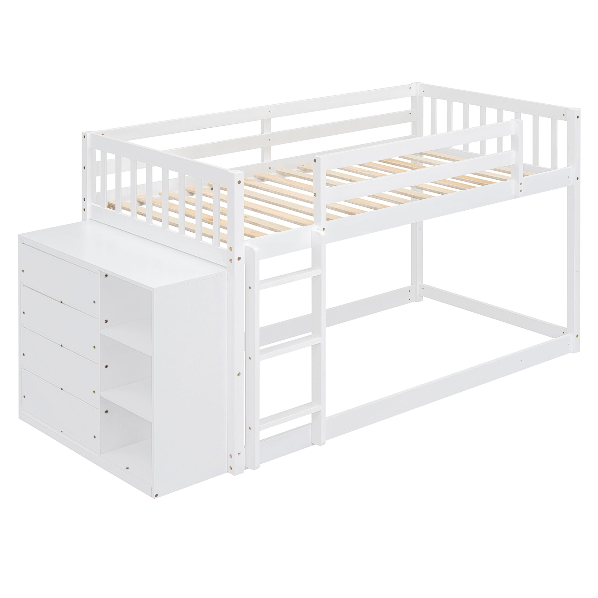 Start2Finish twin over twin bunk bed with solid wood frame, featuring 4 drawers and 3 shelves for versatile bedroom storage.