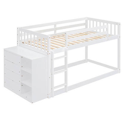 Start2Finish twin over twin bunk bed with solid wood frame, featuring 4 drawers and 3 shelves for versatile bedroom storage.
