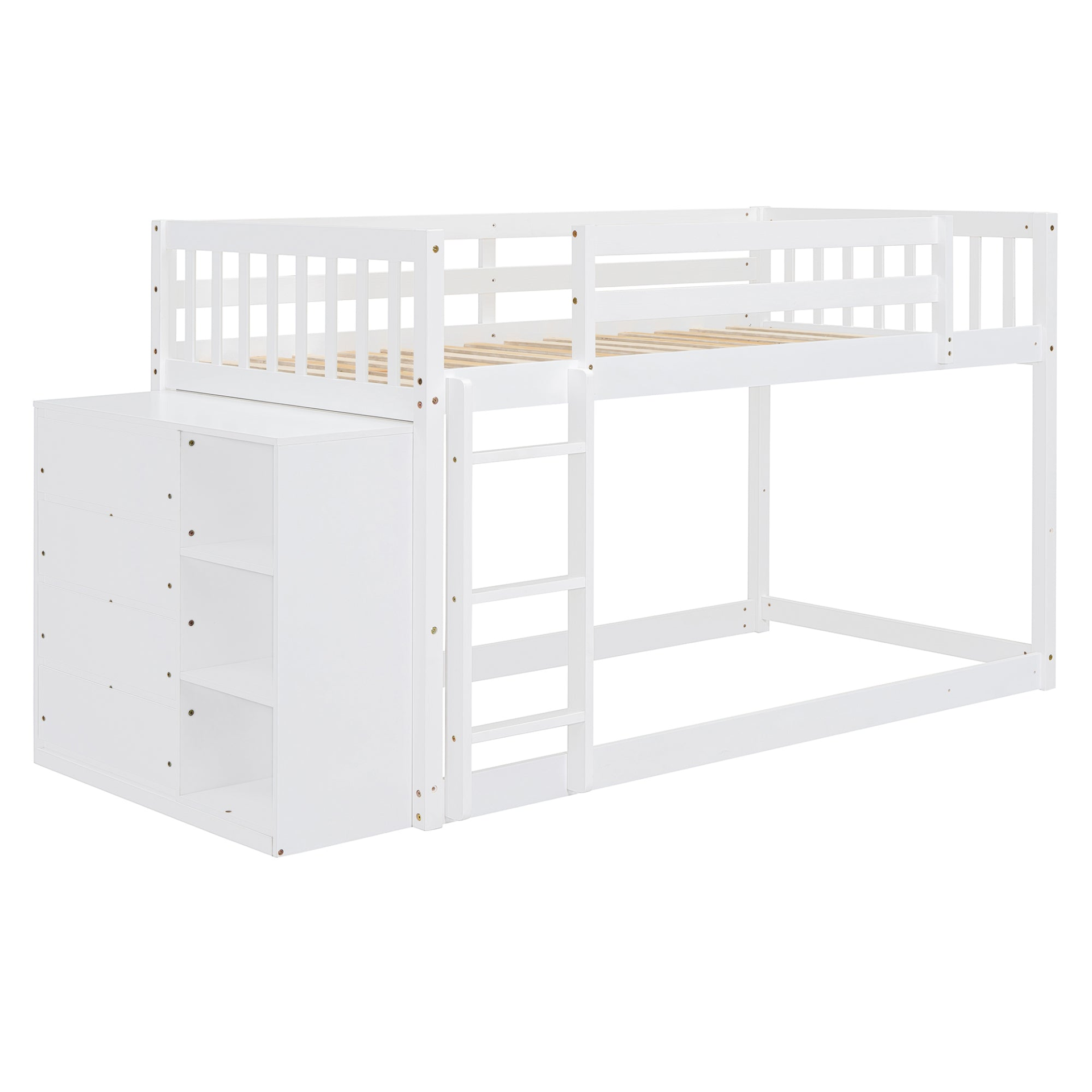 Solid wood twin over twin bunk bed with four drawers and three shelves for versatile storage, by Start2Finish furniture.