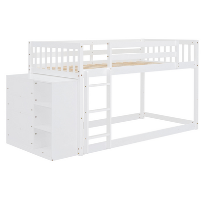 Solid wood twin over twin bunk bed with four drawers and three shelves for versatile storage, by Start2Finish furniture.