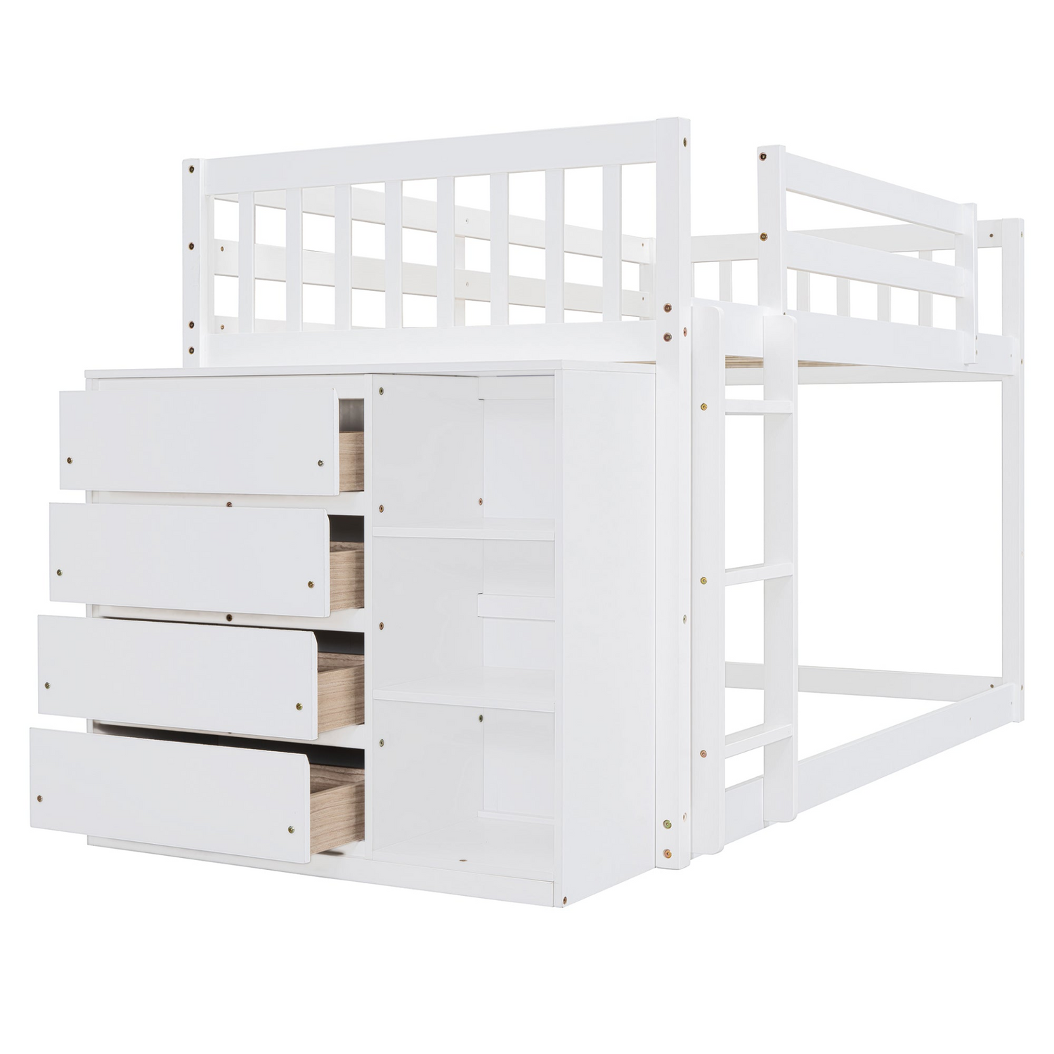 Twin over twin bunk bed by Start2Finish with solid wood frame, featuring four drawers and three shelves for storage.