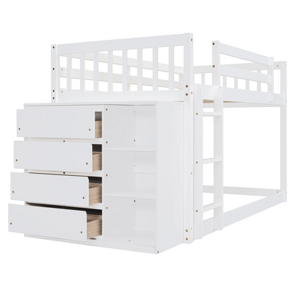 Twin over twin bunk bed by Start2Finish with solid wood frame, featuring four drawers and three shelves for storage.