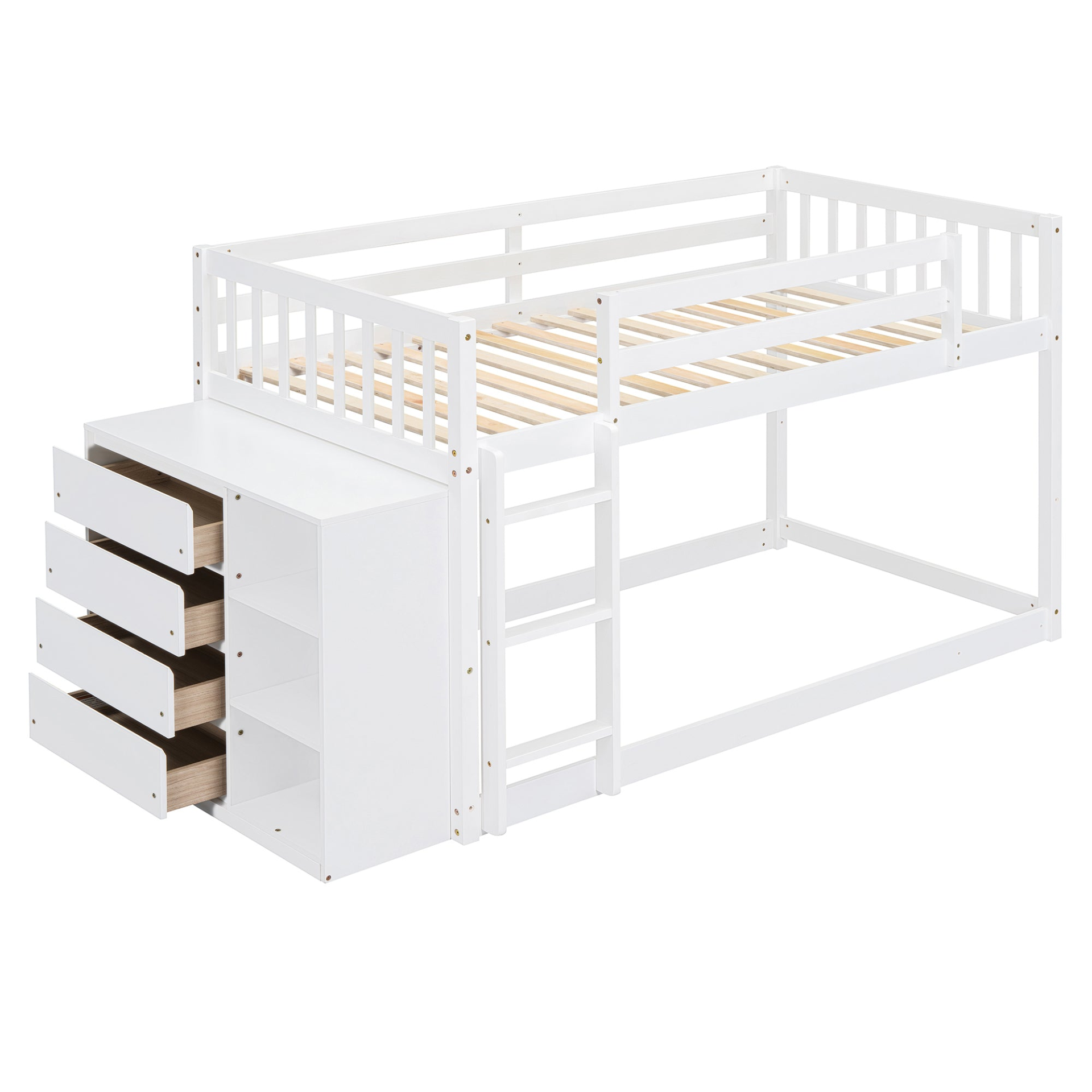 Twin over twin bunk bed with solid wood frame, featuring four drawers and three shelves for versatile bedroom storage.