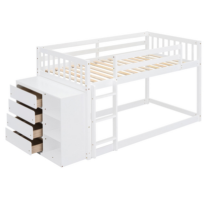 Twin over twin bunk bed with solid wood frame, featuring four drawers and three shelves for versatile bedroom storage.