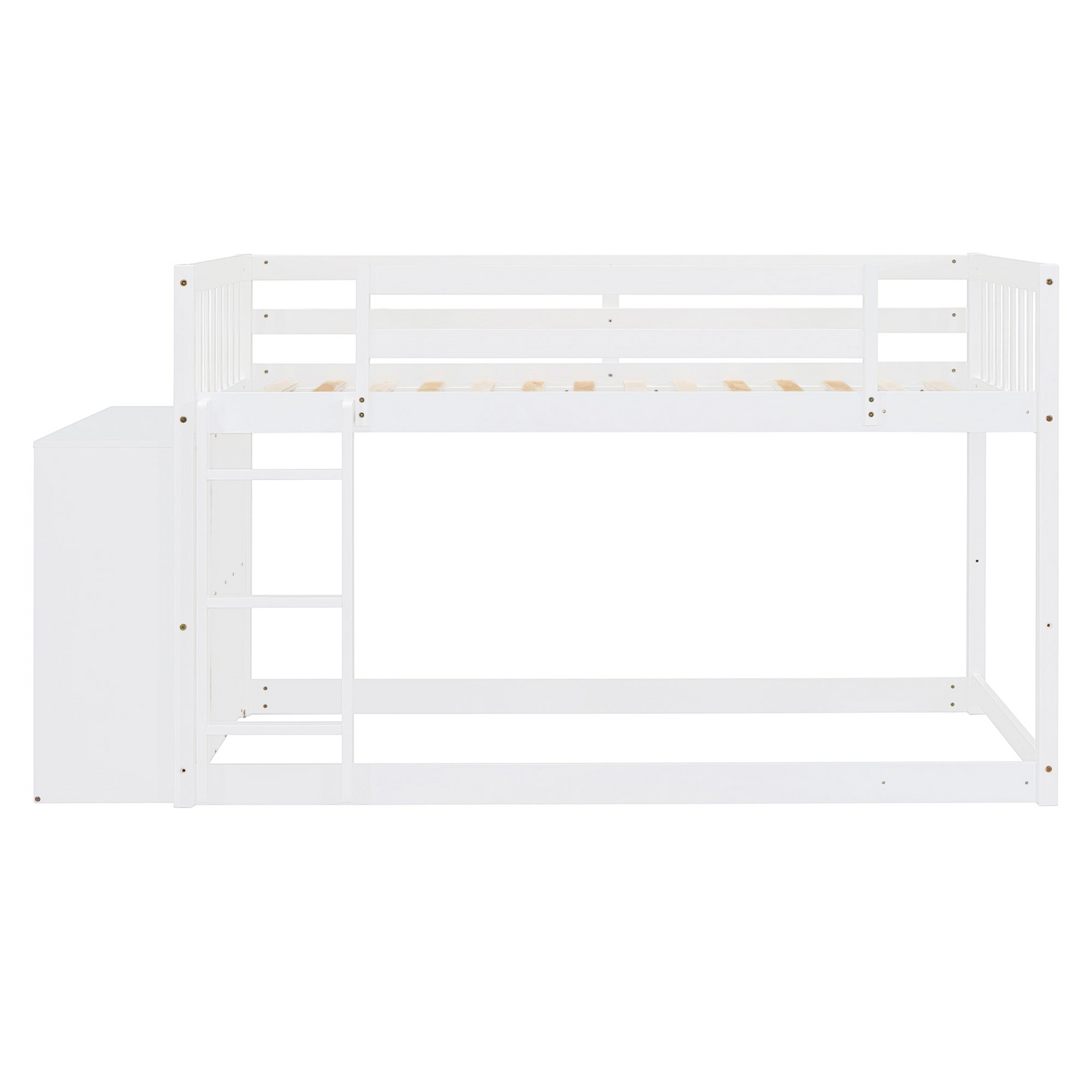 Start2Finish twin over twin bunk bed with solid wood frame, four storage drawers and three shelves, showcasing a sturdy bedroom furniture piece.