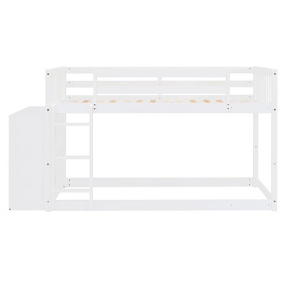 Start2Finish twin over twin bunk bed with solid wood frame, four storage drawers and three shelves, showcasing a sturdy bedroom furniture piece.