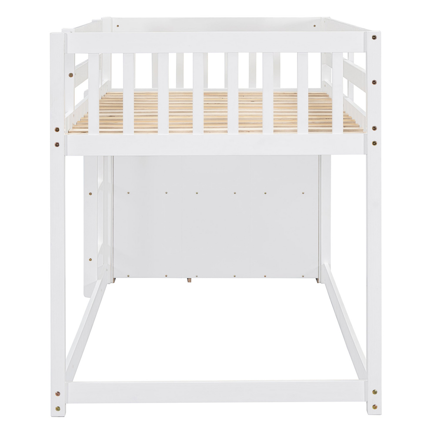 Start2Finish twin over twin bunk bed with solid wood frame, featuring four drawers and three shelves for versatile bedroom storage