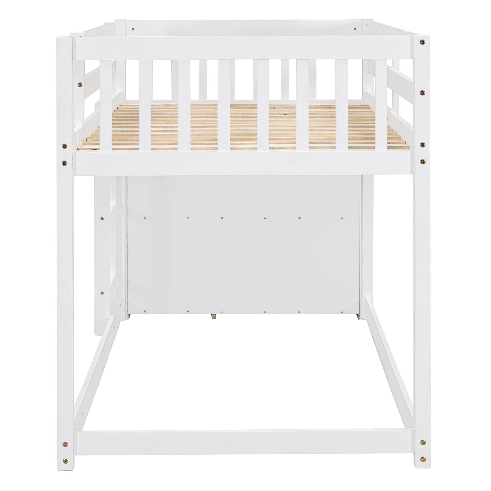 Start2Finish twin over twin bunk bed with solid wood frame, featuring four drawers and three shelves for versatile bedroom storage