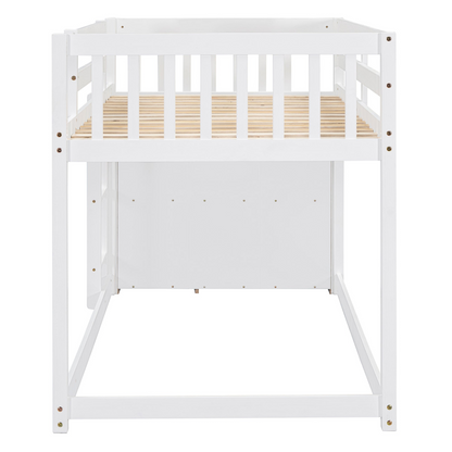 Start2Finish twin over twin bunk bed with solid wood frame, featuring four drawers and three shelves for versatile bedroom storage