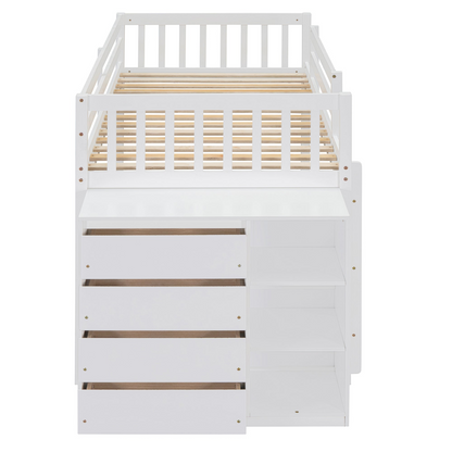 Start2Finish twin over twin bunk bed with solid wood frame, featuring four drawers and three shelves, shown in a bedroom setting.