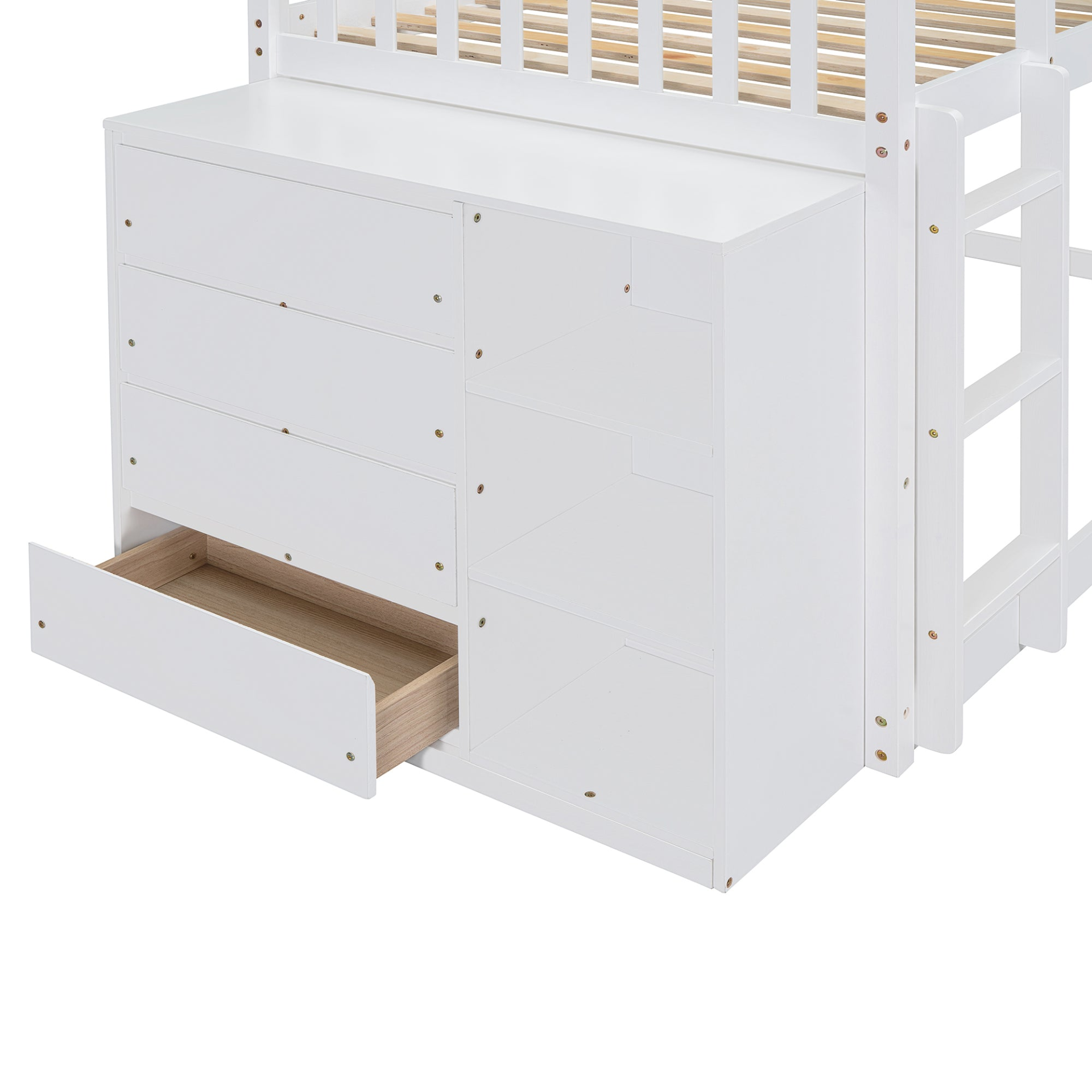 Solid wood twin over twin bunk bed by Start2Finish with 4 drawers and 3 shelves, showing the sturdy frame and storage features.