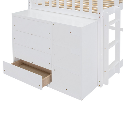 Solid wood twin over twin bunk bed by Start2Finish with 4 drawers and 3 shelves, showing the sturdy frame and storage features.