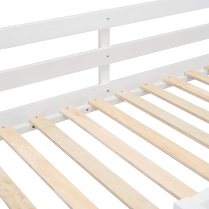 Start2Finish twin over twin bunk bed with solid wood frame, featuring four drawers and three shelves for ample storage.