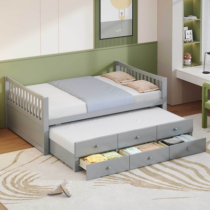 Start2Finish daybed with trundle and built-in storage drawers, ideal for guest rooms and living spaces, showing a modern furniture design.