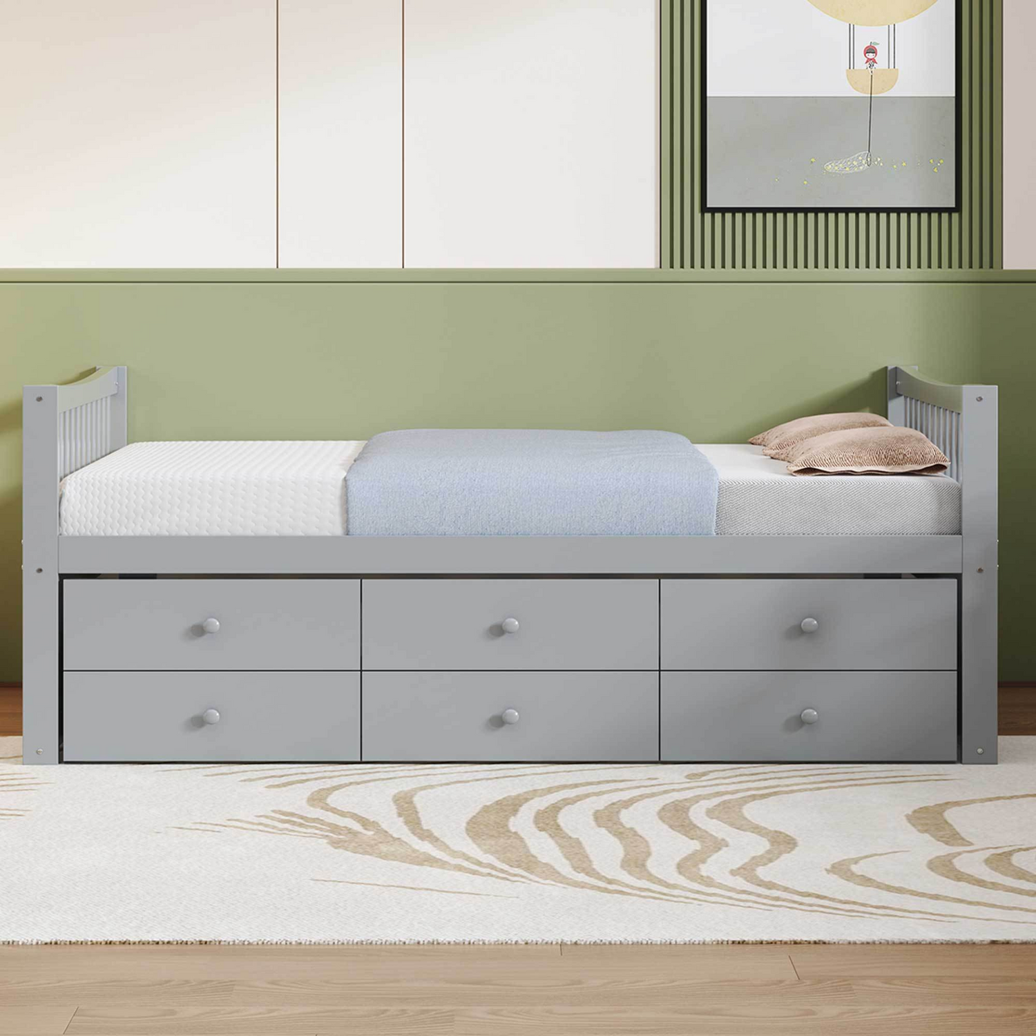 Start2Finish daybed with trundle and built-in storage drawers, ideal for guest rooms and living spaces, shown in a cozy setting.