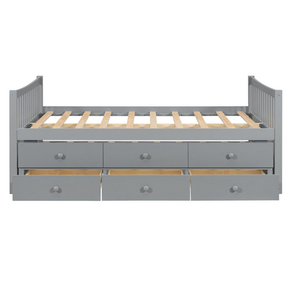Start2Finish daybed with trundle and built-in storage drawers, ideal for guest rooms and living spaces, showcasing furniture details.