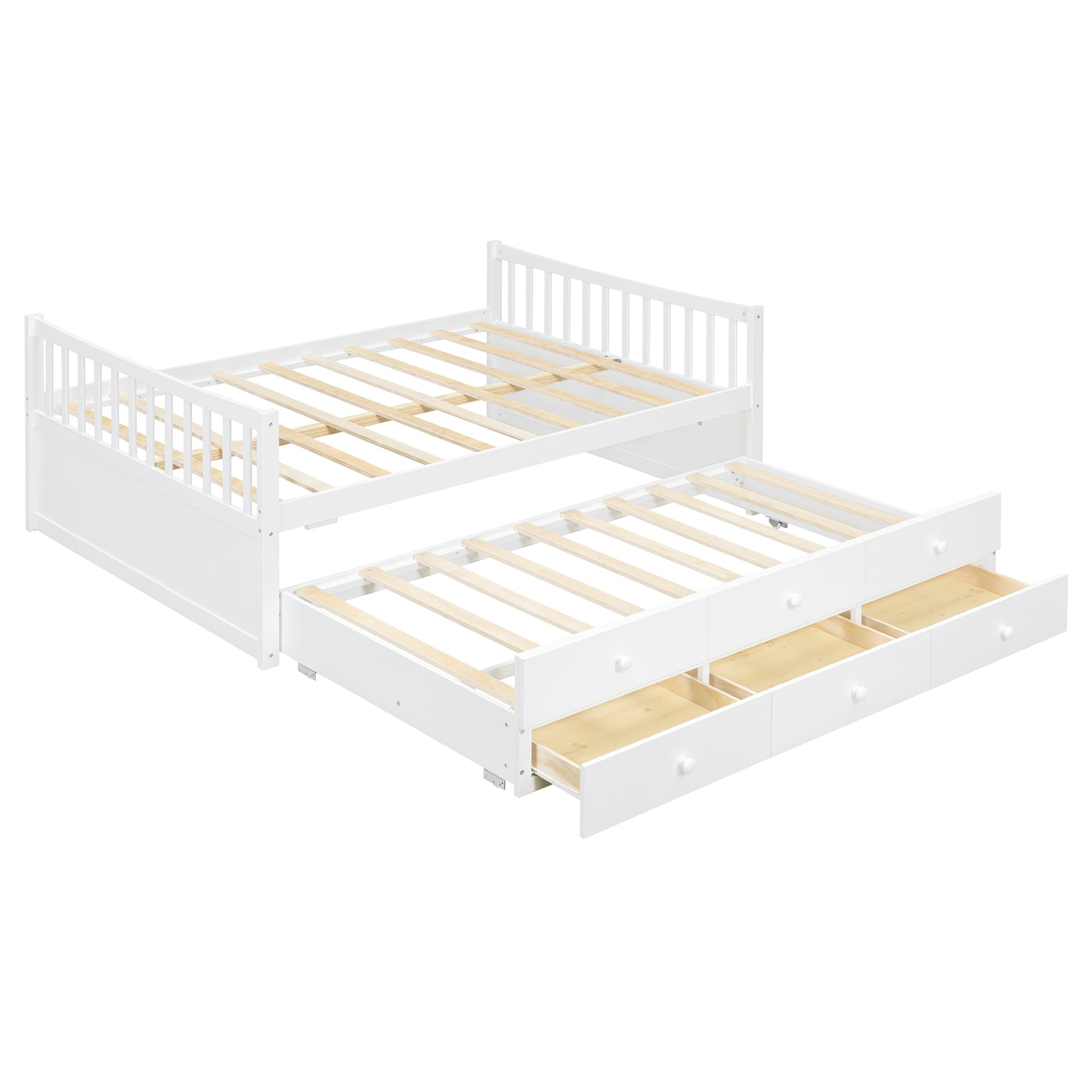 Start2Finish daybed with trundle and built-in storage drawers, showing a stylish wood furniture piece in a cozy guest room setting.