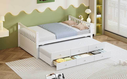 Start2Finish daybed with trundle and built-in storage drawers, featuring a wooden frame and comfortable mattress for guest rooms.