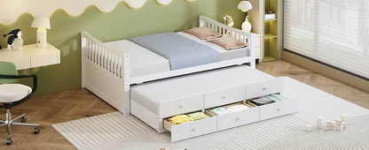 Start2Finish daybed with trundle and built-in storage drawers, ideal for guest rooms and living spaces, featuring a stylish wooden frame.