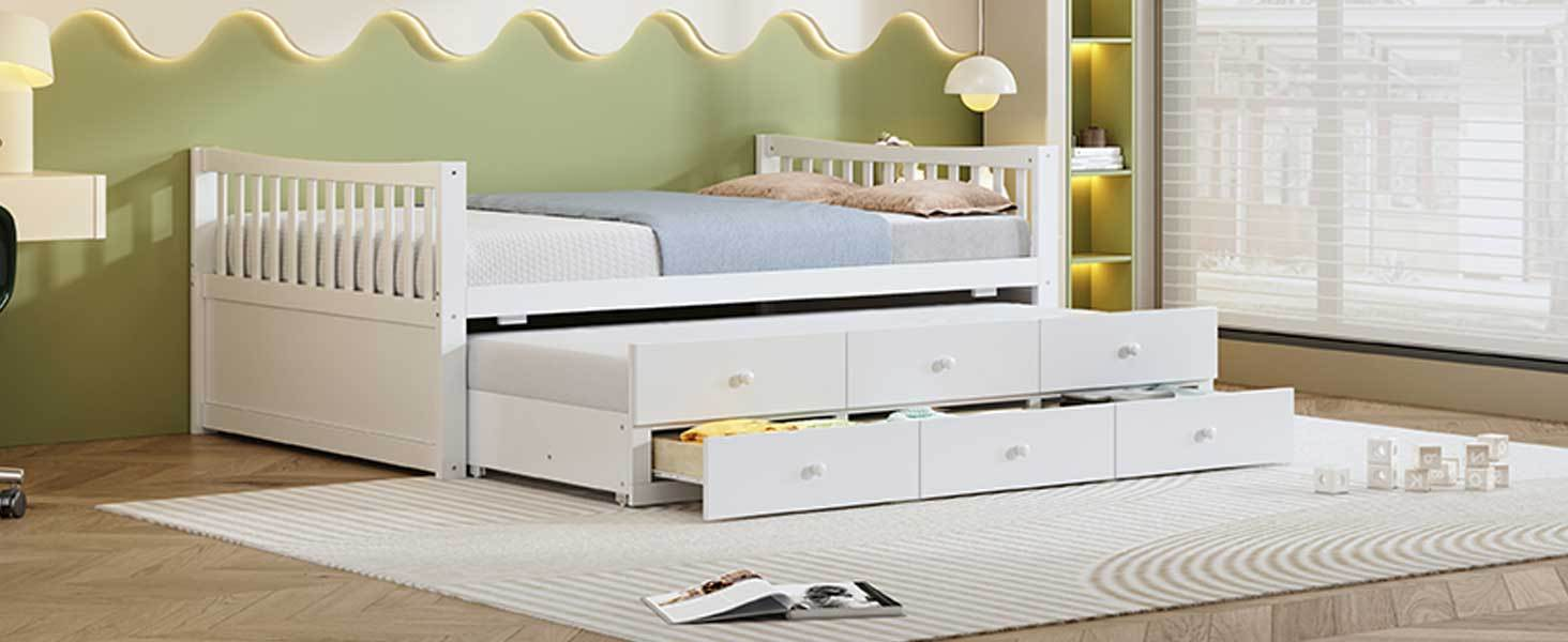 Start2Finish daybed with trundle and built-in storage drawers, ideal for guest rooms and living spaces, showcasing its wooden frame.