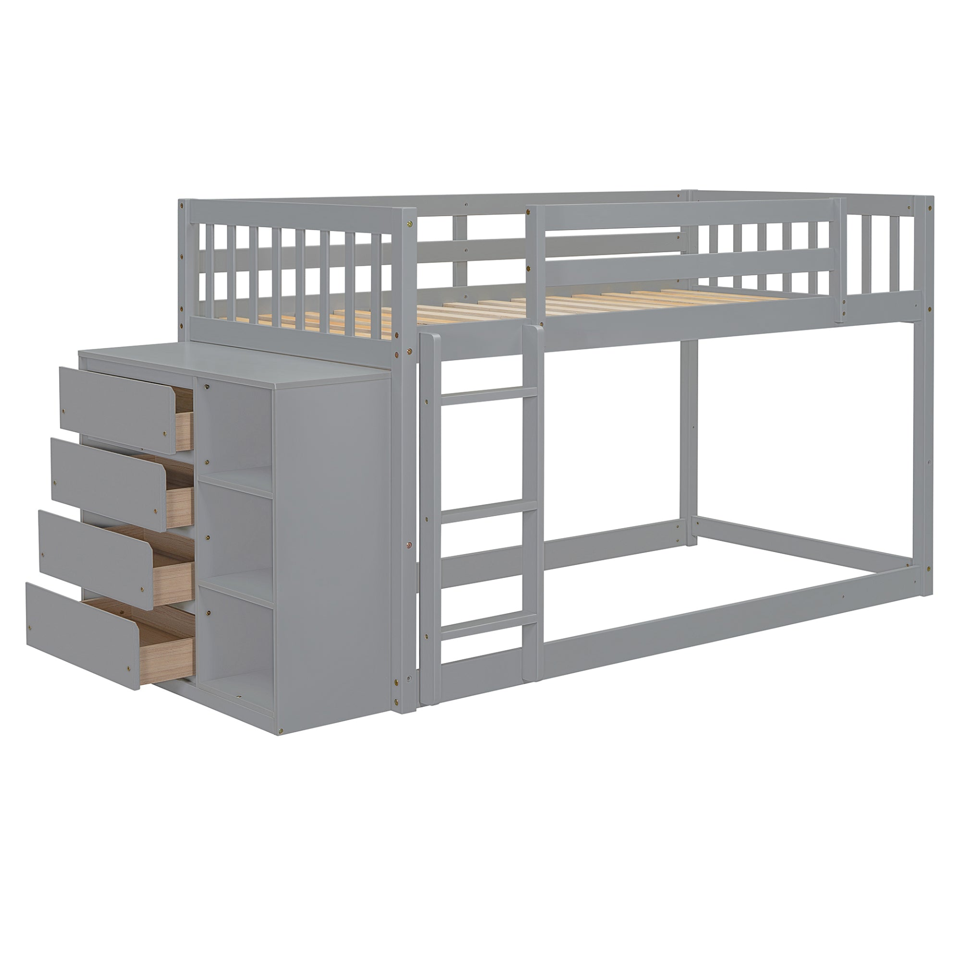 Start2Finish twin over twin bunk bed with solid wood frame, four drawers, and three shelves, showcasing a sturdy furniture piece.