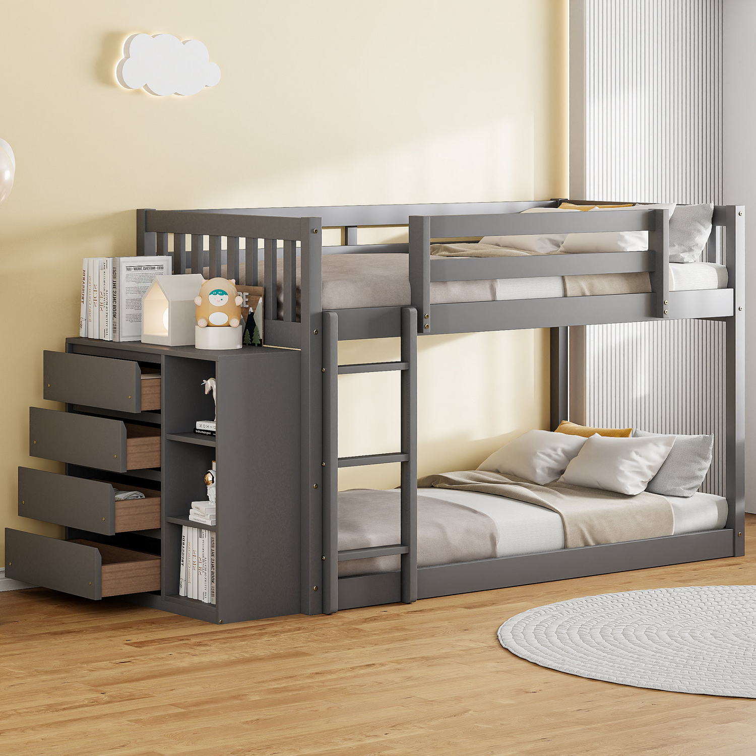 Solid wood twin over twin bunk bed with four drawers and three shelves, featuring a sturdy Start2Finish furniture frame.