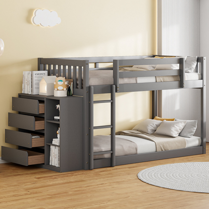 Solid wood twin over twin bunk bed with four drawers and three shelves, featuring a sturdy Start2Finish furniture frame.