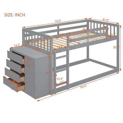 Solid wood twin over twin bunk bed by Start2Finish with built-in four drawers and three shelves for organized bedroom storage.