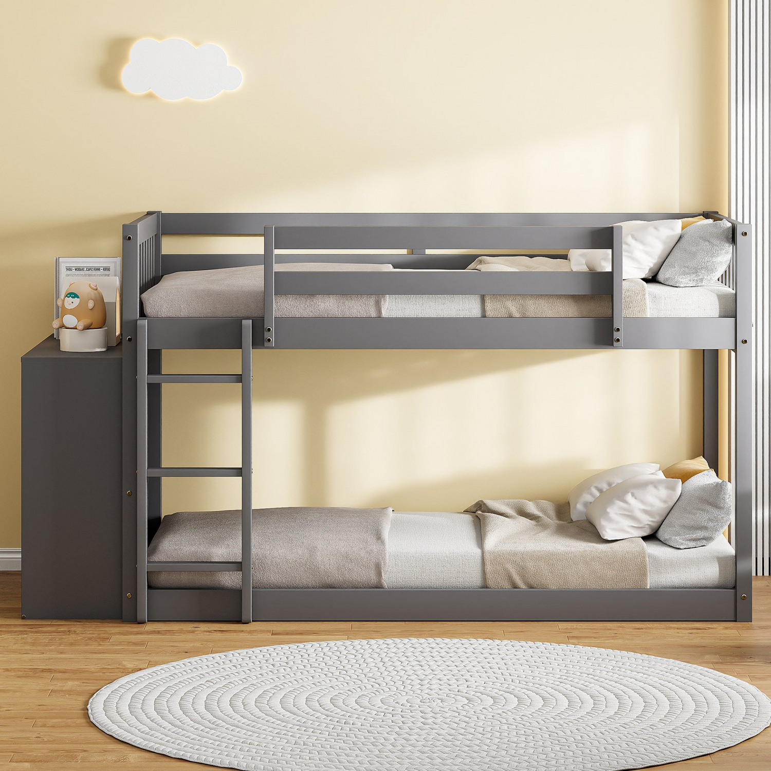 Solid wood twin over twin bunk bed with built-in 4 drawers and 3 shelves, showcasing the sturdy frame and functional storage.