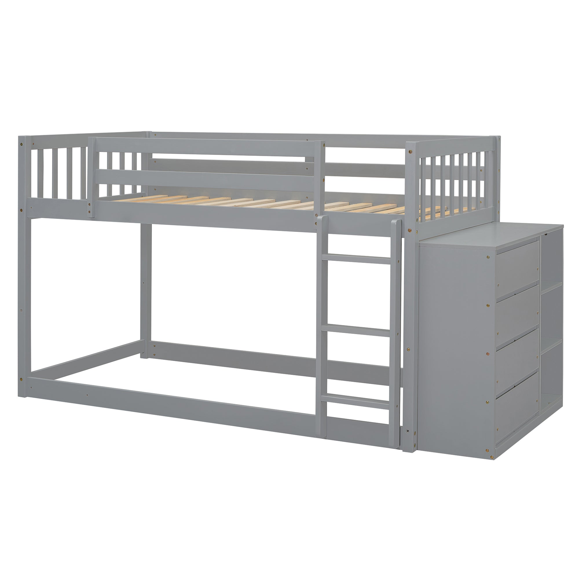 Twin over twin bunk bed in solid wood with built-in 4 drawers and 3 shelves, featuring a sturdy frame and natural finish.