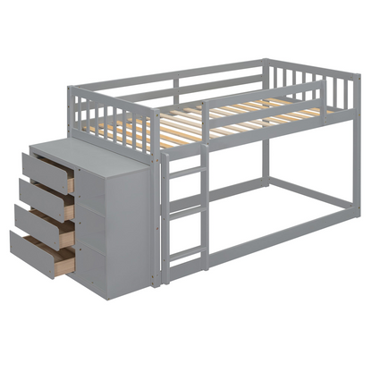 Solid wood twin over twin bunk bed with four drawers and three shelves, featuring a sturdy frame and natural wood finish.