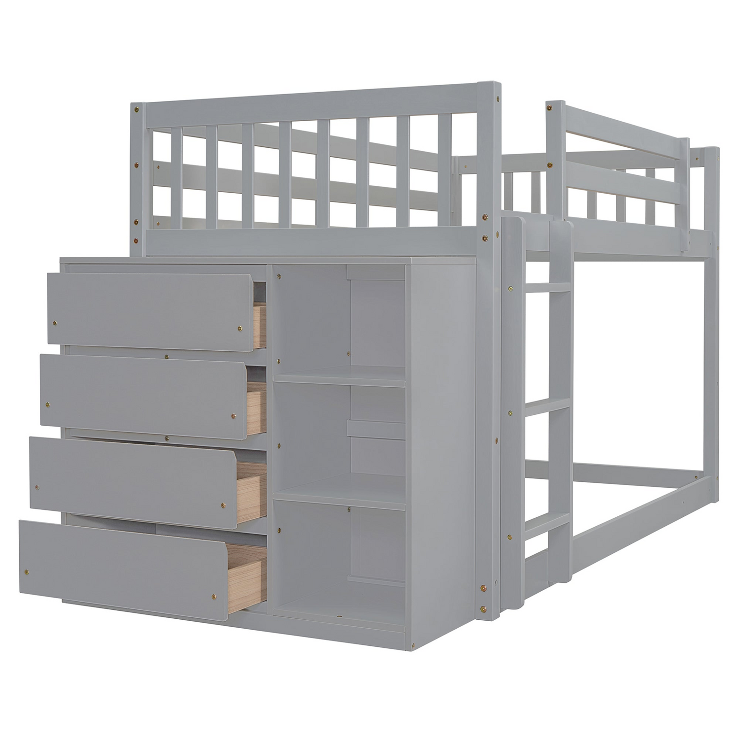 Twin over twin bunk bed with solid wood frame, featuring 4 drawers and 3 shelves for versatile bedroom storage.