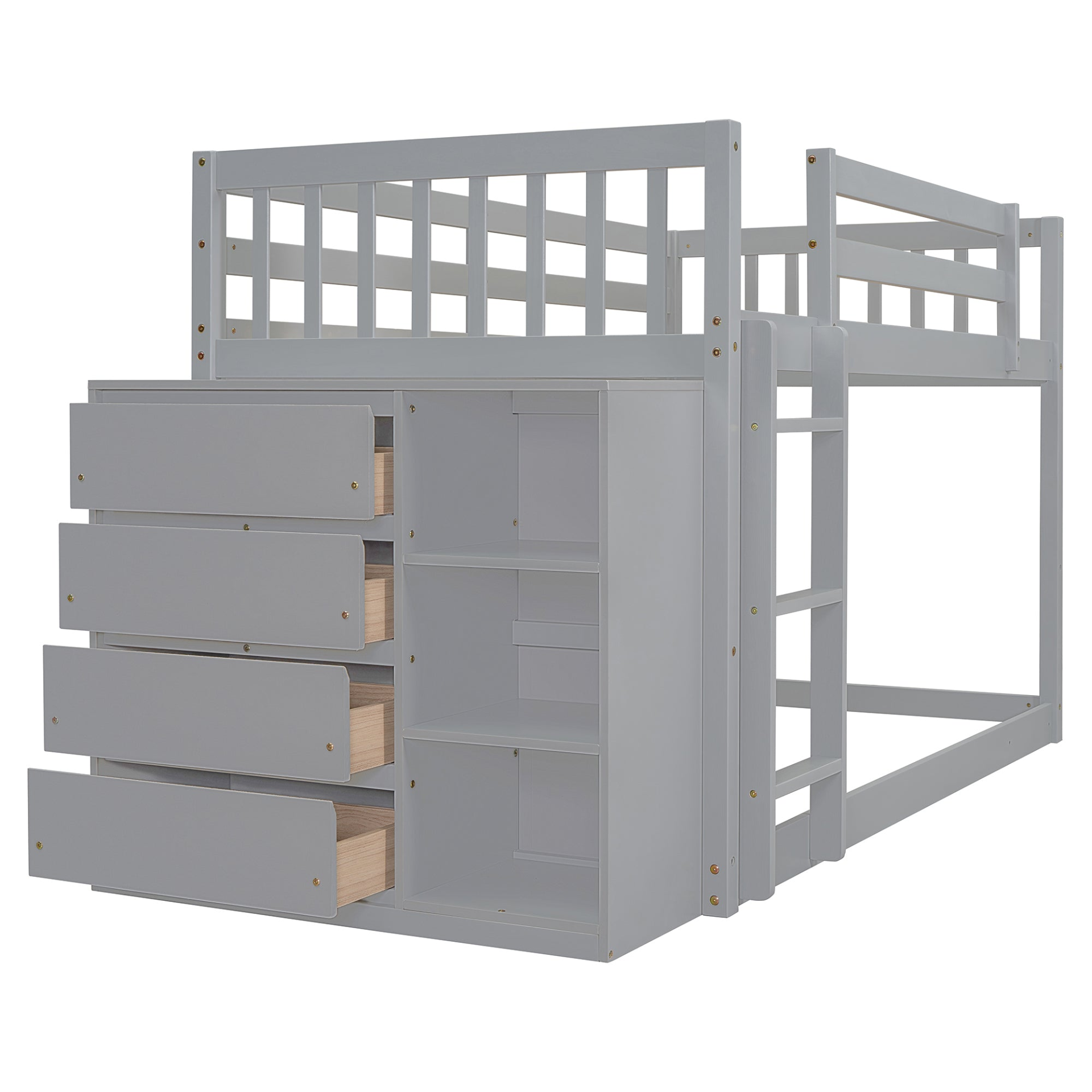 Twin over twin bunk bed with solid wood frame, featuring 4 drawers and 3 shelves for versatile bedroom storage.